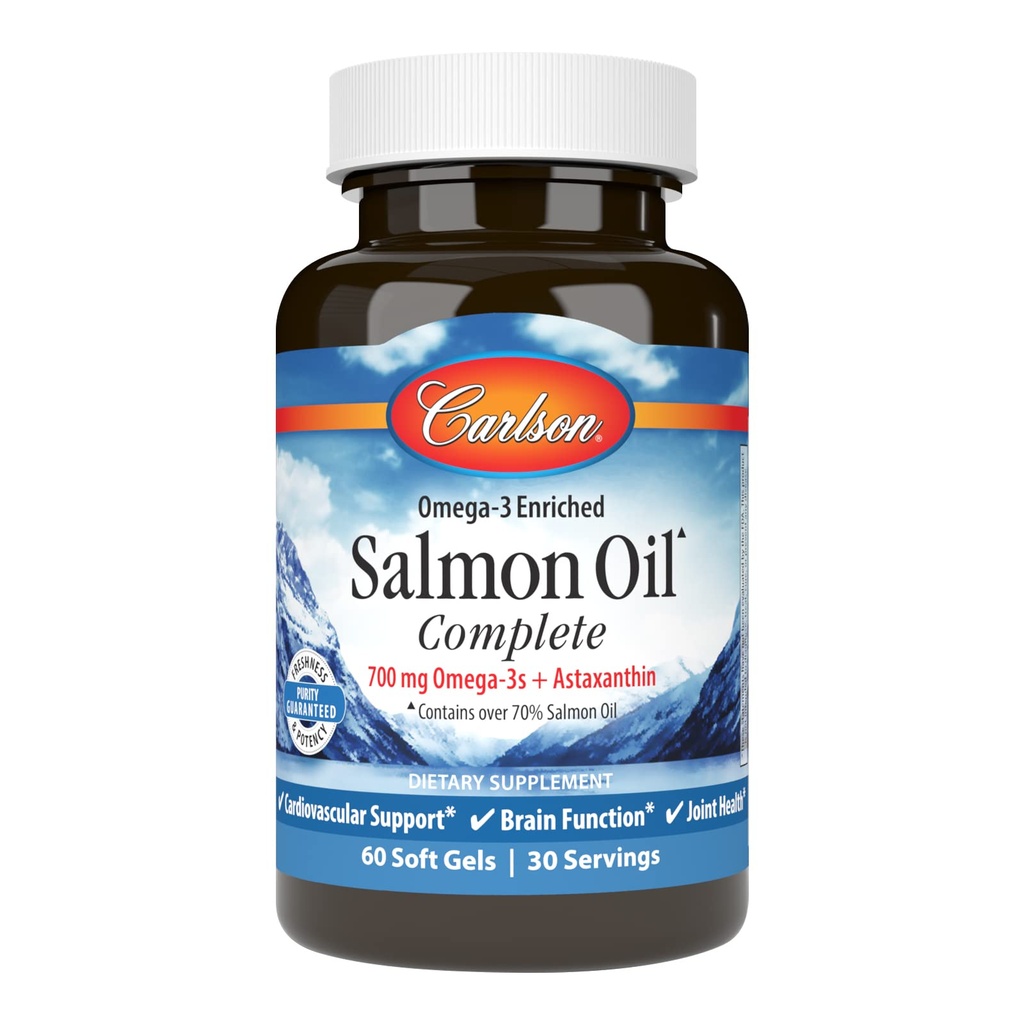 Carlson - Salmon Oil Complete, 700 mg Omega- 3 s + Astaksantyna, Wsparcie sercowo-naczyniowe, Funkcje mózgu & Joint Health, 60 Softgels