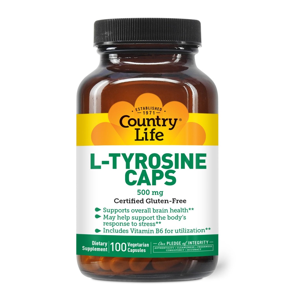 Country Life L- Tyrosine 500mg z witaminą B6 Suplement - Certified gluten- Free, Wegetarianin, Kosher, Bousts Focus & Energy, Wsparcie zdrowia mózgu, Wzmacnia klarowność psychiczną, Non-GMO - 100 Kapsułki