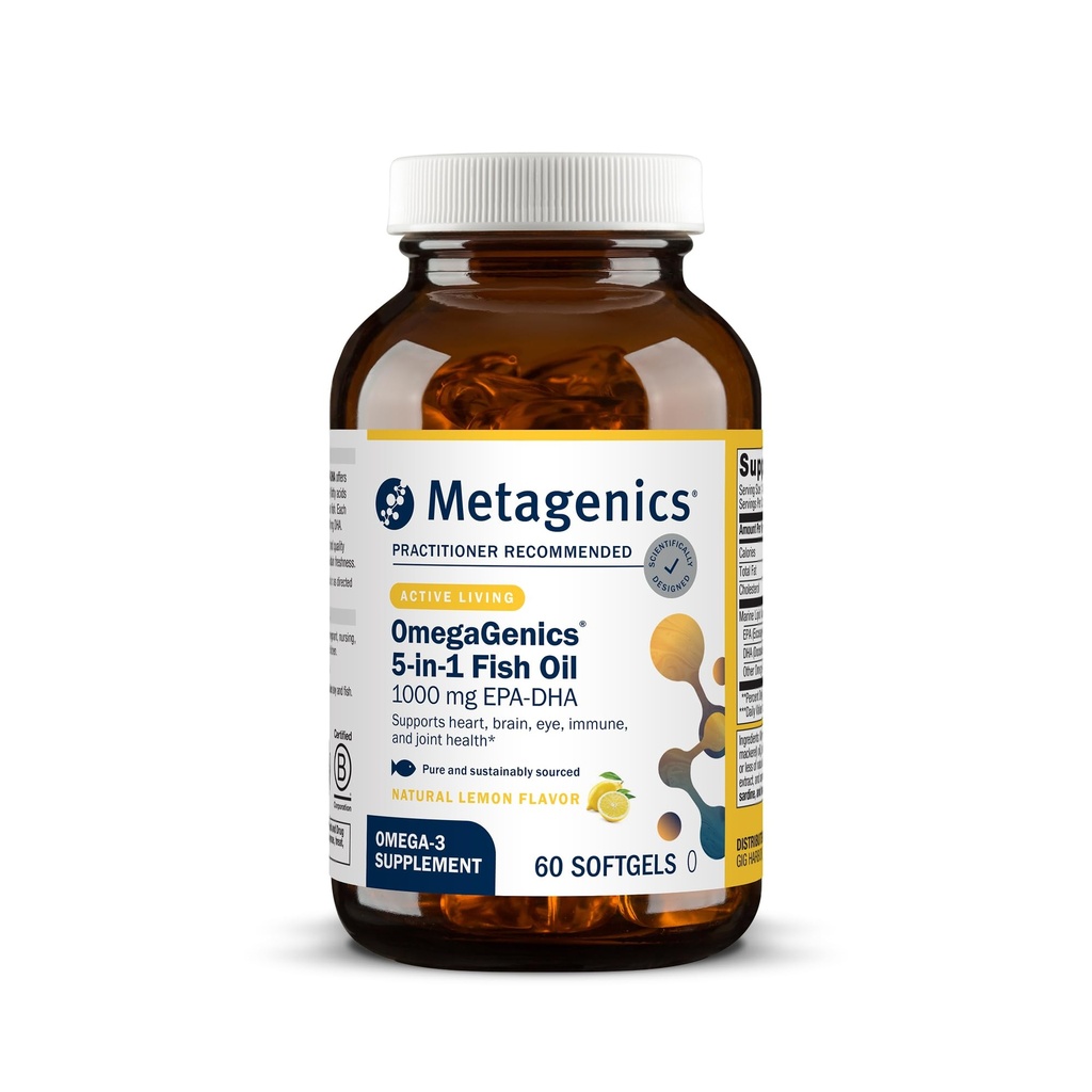 Metagenics OmegaGenics Omega-3 Fish Oil 1000mg EPA DHA -High Potency Omega 3 Suplement do Serca, Mózgu i Joint Healthally Sourced- 60 Softgels