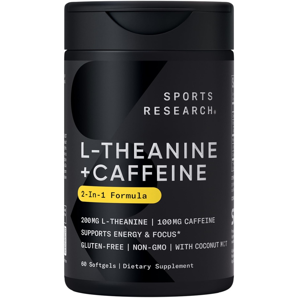 Sport Badania L- Theanine Suplement z kofeiną i kokosem MCT Oil - Ogniskowana energia, Alertywność & Relaksacja Bez wilgoci - 200mg L Theanine, 100mg Kofeina organiczna - 60 Płynne softgele