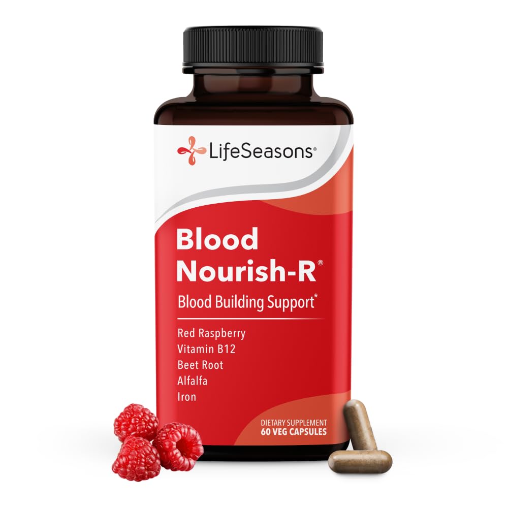 LifeSeasons Blood Nourish- R - Suplement do niedoboru żelaza - Pomaga niedokrwistość, Zmęczenie, Paleness & Zawroty głowy - Brak zaparcia - Blood Building - Żelazko, Alfalfa, Malina i Witamina B- 12- 60 Kapsułki