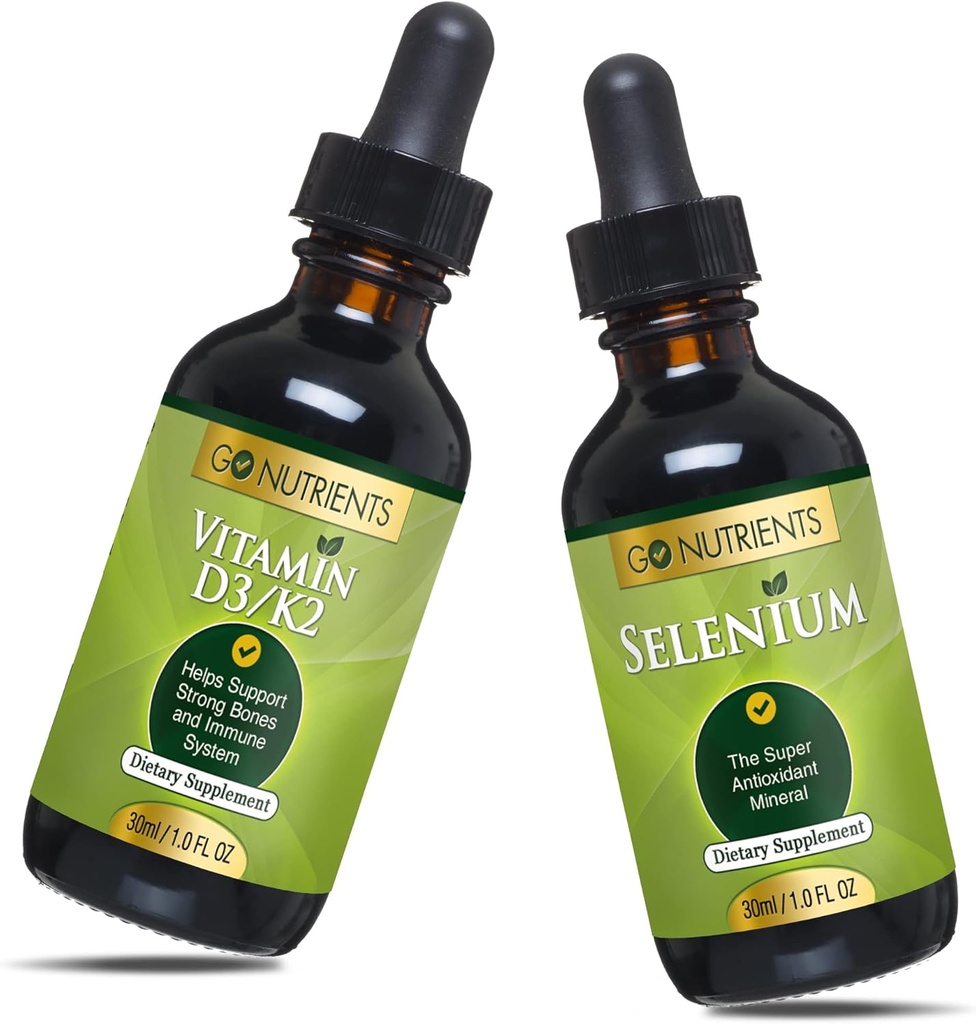Go Nutrigents Liquid Vitamina D3 z K2 (MK- 7) Drops 1oz & Selenium 200 mcg Supplement 1.0 oz Sign 124; Signature D3 and K2 Signature 124; Supplements with Mineral Selenium Liquid and Clenified Water