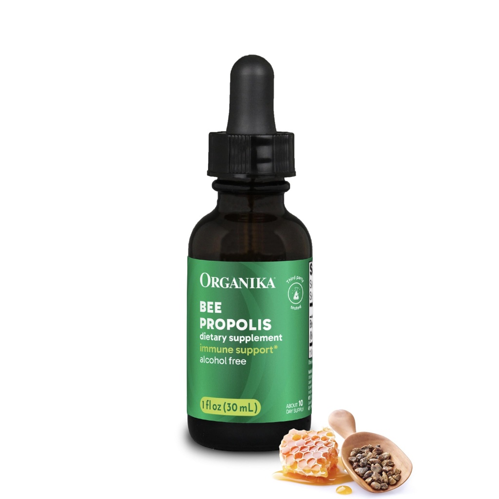 Organika Bee Propolis Tincture 1 oz: Vegan Propolis Extract - Throat and Breathing - Free of gluten, GMO, & Artificial Flavors - 10 Day Prop Drops Supply
