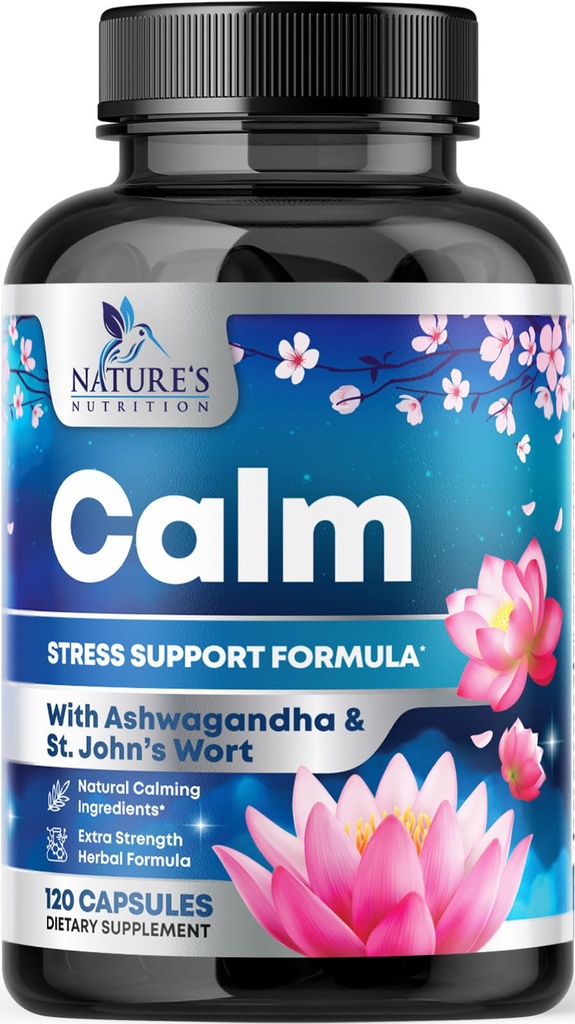 Natural Calm, Unwind & Relax Support - Ashwagandha, GABA, Magnez, L- Theanine & More - Natural Focus, Energy & Immune Support - Nature 's Non-GMO, Wegan, Gluten Free, Butelkowane w USA - 120 Kapsułki