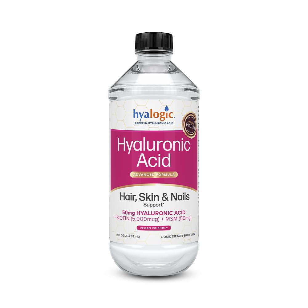 Hyalogic Liquid Hyaluronic Acid Supplement - Wsparcie dla zdrowych włosów, skóry i paznokci z 5,000 µg Biotin i 50mg MSM - Natural Hydration for the Whole Body - High Molecular Weight Formula - 12 oz