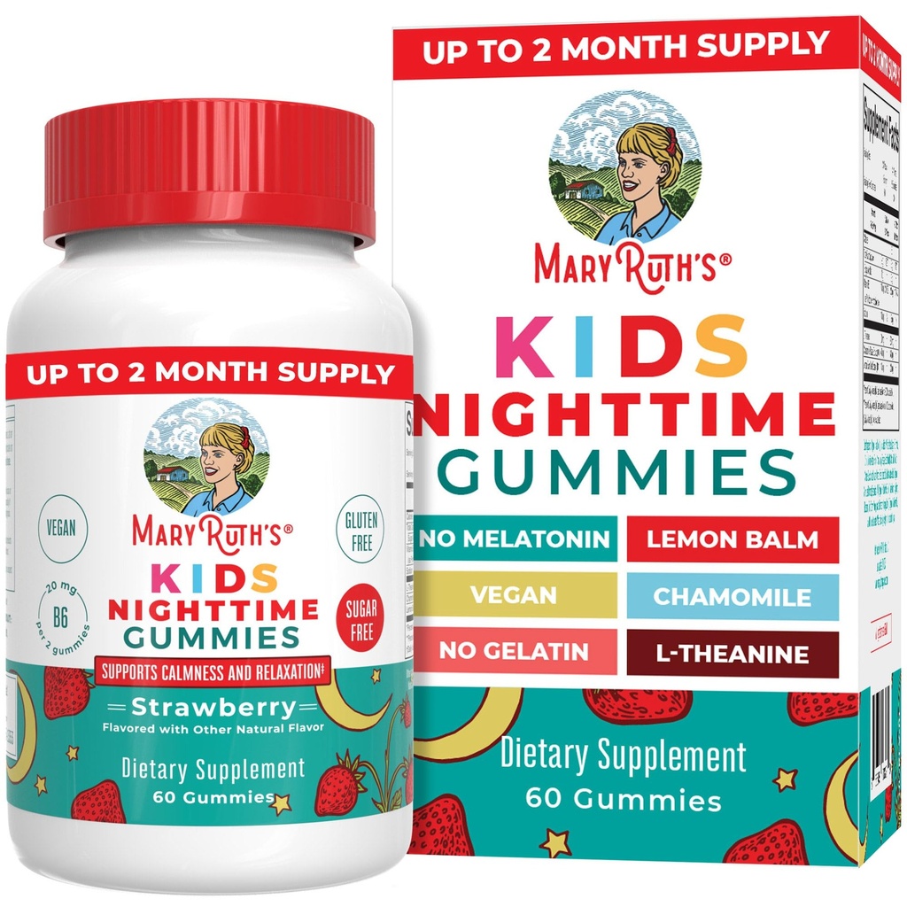MaryRuth Organics Kids Nighttime Gummies is 124; Sugar Free Xi124; NO Melatonin with L Theanine, Lemon Balm, Rumianek, Witamina B6 Xi124; Relaxation Support for Kids 2 + Xion124; Vegan Xion124; Non-GMO Xion124; Gluten Free Xion124; 60 Count