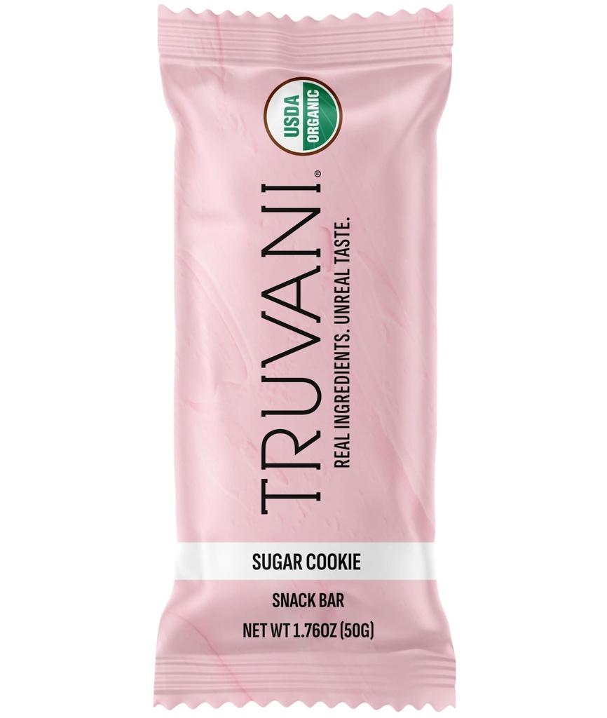 Truvani Plant Based Snack Bars: 124; Sugar Cookie 1 Pack: 124; 6g Protein: 124; USDA Organic and Vegan: 124; The Only Bar Building 124; Dairy, Soy, and Gluten Free Between 124; Indywidualnie zapakowane