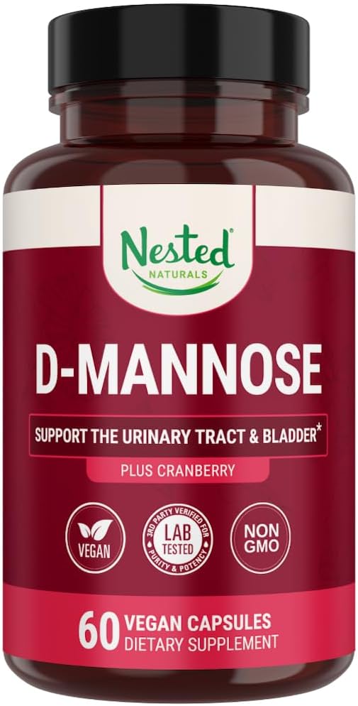 Nested Naturals D- Mannose 500 mg Kapsułki z ekstraktem żurawinowym, D Mannose Żurawinowe pigułki, Urynary & Bladder Support, 60 Kapsułki wegańskie