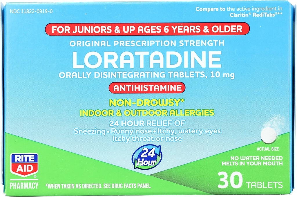 Rite Aid Kid 's Non- Drowsy Allergy Relief, Lorregon 10mg, Mint Flavor - 30 Tablets Edin124; Orly Disintegration Tabs