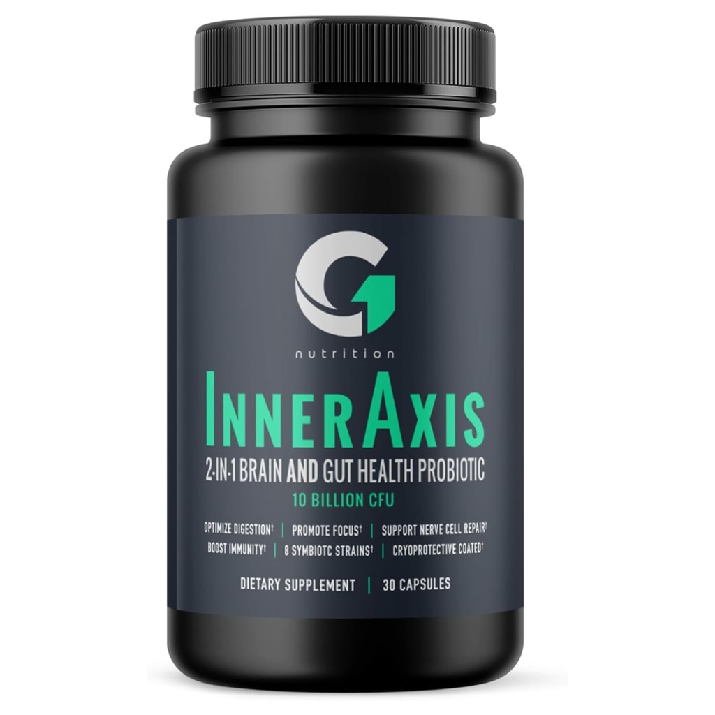 InnerAxis 2-in-1 Mózg i Gut Zdrowie Probiotyk, 10 Miliard CFU, 8 Cieśniny Symbiotyczne dla Gut, Psychobiotyczne, Mood and Brain Support, Acidophilus Probiotic dla kobiet i mężczyzn, 30 Służenia