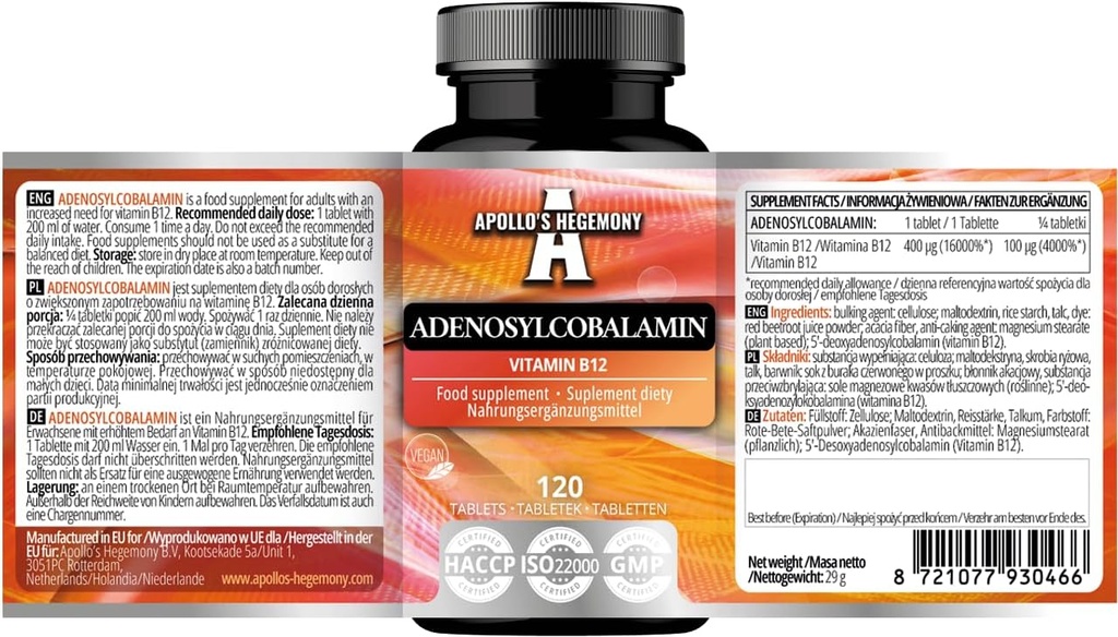 APOLLO 'S HEGEMONY Adenosylcobalamina 120 Tabletki - Optymalna biodostępna witamina B12 do zwiększenia metabolizmu energii - 480 Słupki - Suplement diety