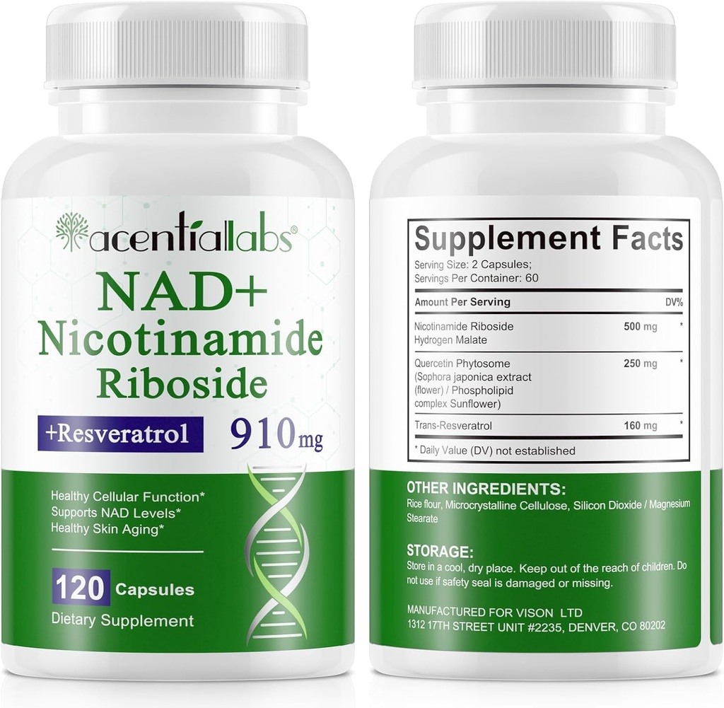 120 Licznik NAD Plus Suplement, Nikotynamid Liposomalny Kapsułki Ribozydowe 900MG z Resveratrol & Quercetin, Wysoka Czystość Nikotynamid do anty- starzenia, Komórka Gegeneration / Energia / Immune Booster