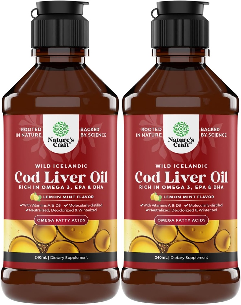 Islandzki Wild Caught Liver Oil Liquid - Fish Oil Drops with Omega 3, EPA, DHA, Witamina D & A - Liquid Cod Liver Supplement for Heart, Joint, Brain & Immune Support - 240 ml (8 unce) 2 Pack