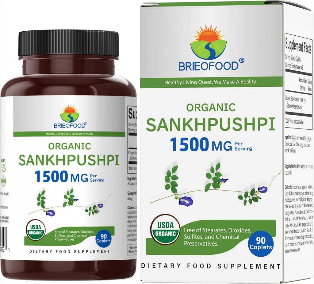 Brieofood Organic Sankhpushpi 1500mg, 45 Służenia, Wegetarianin, Gluten Free, 90 Tabletki wegetariańskie