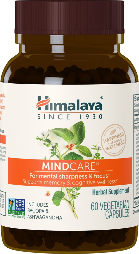 Himalaya MindCare - Nootropowe Herbal Brain Supplements for Memory and Focus Support - Wegan, Non-GMO, Gluten Free, 1170 mg, 60 kapsułki