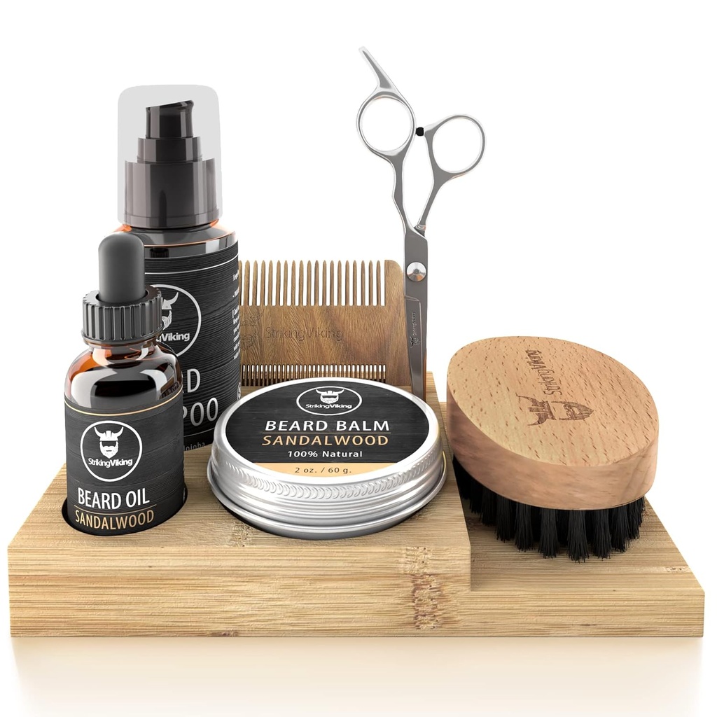 Striking Viking Beard Growth Kit - 7-Piece Set, Sandalwood Scent & Caddy - Oil & Balm with Beard Brush, Dual-Sided Comb & Scissors plus Mustache Comb for Grooming & Styling