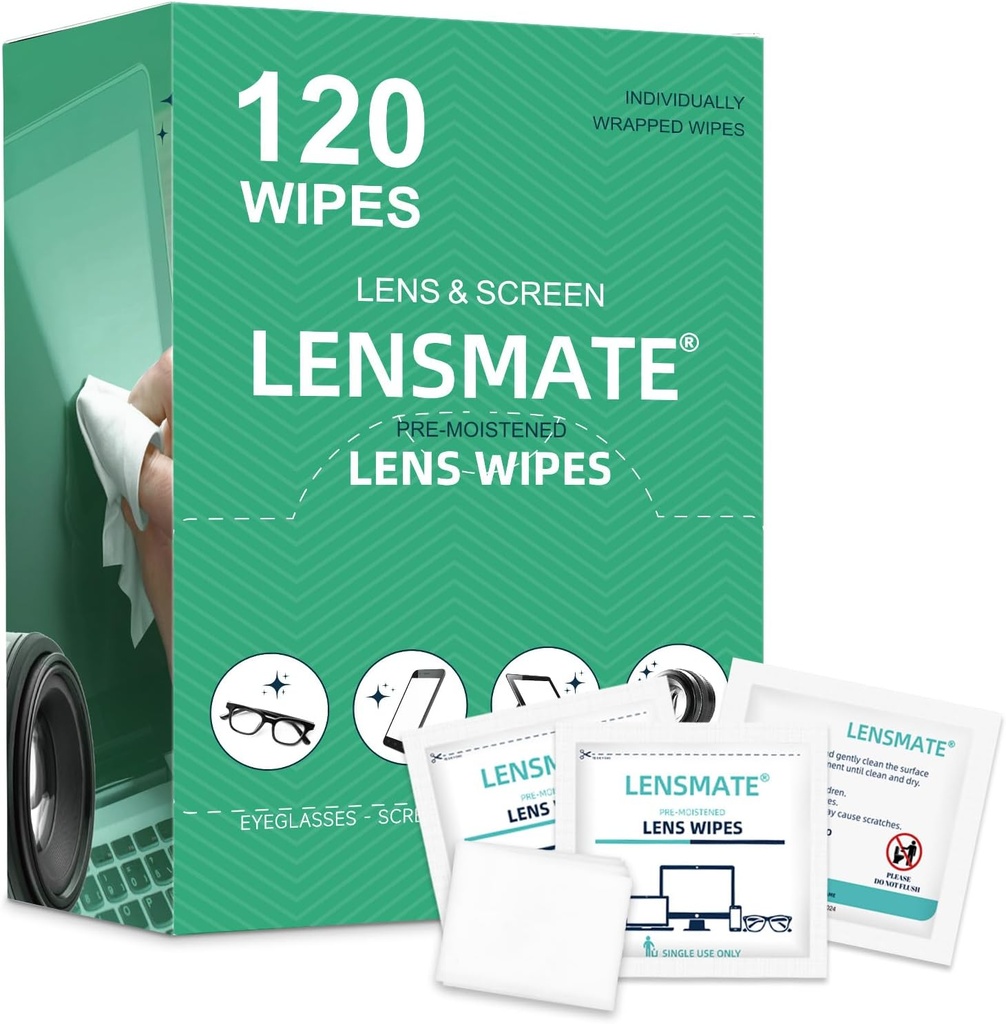 Lensmate 120 Wipes soczewek dla oczu, Nawilżone i indywidualnie zapakowane Wipes Eyeglass, Wipes czyszczące soczewki dla oczu, okulary przeciwsłoneczne, Goggle i obiektyw kamery