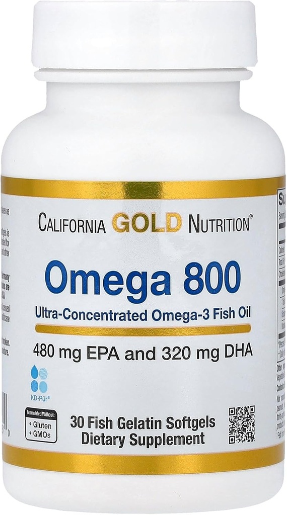 California Gold Nutrition Omega 800 Ultrakoncentrat Omega-3 Olej rybny, kd- pur ® Trigliceryd Form, 30 Fish Gelatin Softgels (1000 mg na Softgel)