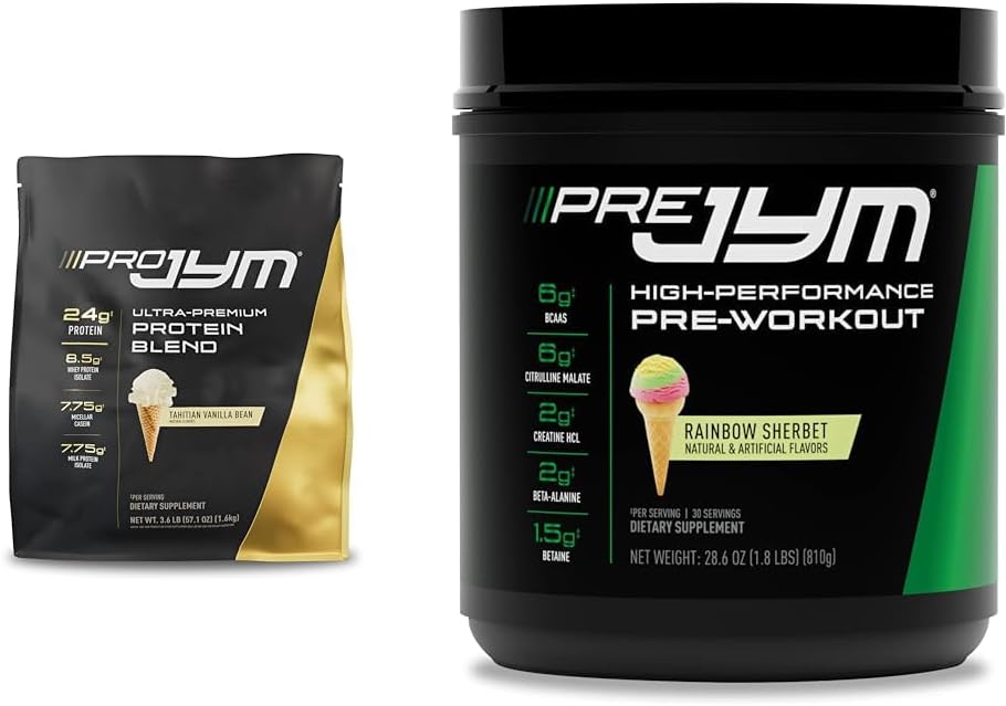 PRO JYM 45 Servings - Tahitian Vanilla Bean & Pre Jym Rainbow Sherbet, 30 Servings, Rainbow Sherbet, 1.8 Funt (Pack of 1)