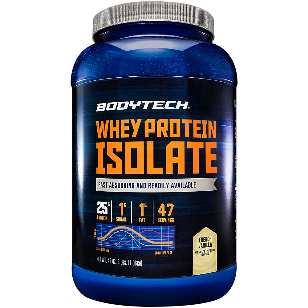 BODYTECH Proszek do izolacji białka serwatki - z 25 gramami białka na serwowanie & BCAA 's - Idealny do post- Workout Muscle Building & Growth, Zawiera mleko i soję - Wanilia (3 funt)