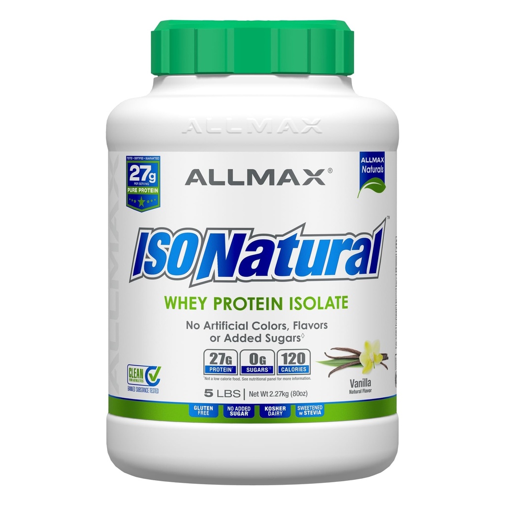 ISONATURAL ZŻYCIA ALLMAX Izolat białka serwatki, wanilia - 5 lb - 27 gramów białka na miarkę - zero tłuszczu i cukru - 99% Laktoza wolna - z prebiotykami - bez sztucznych aromatów - 73 Służenie