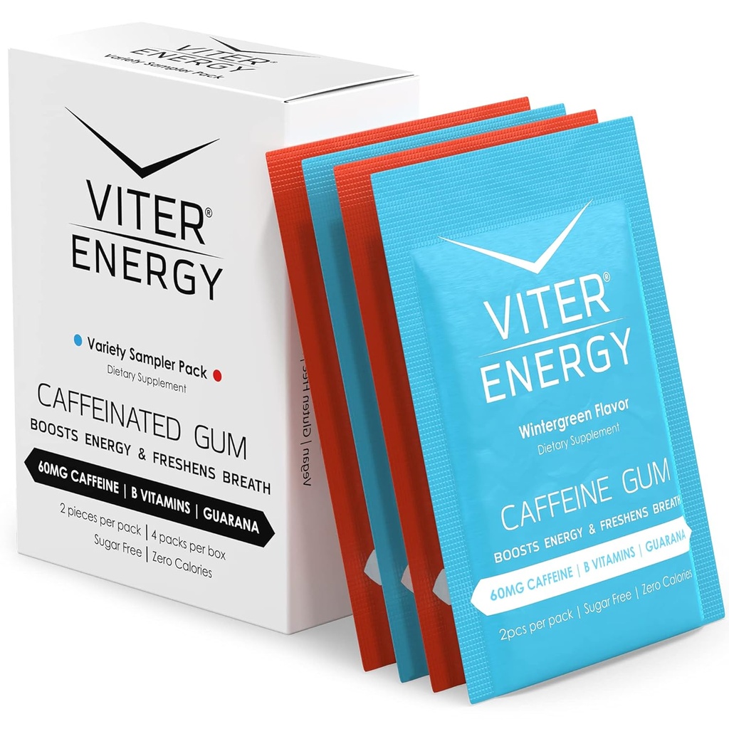 Viter Energy Kofeinowana Gum 60mg Kofeina, B Witaminy, Guarana, Cukier wolny. (Odmiana, 2szt, 4 Pack)