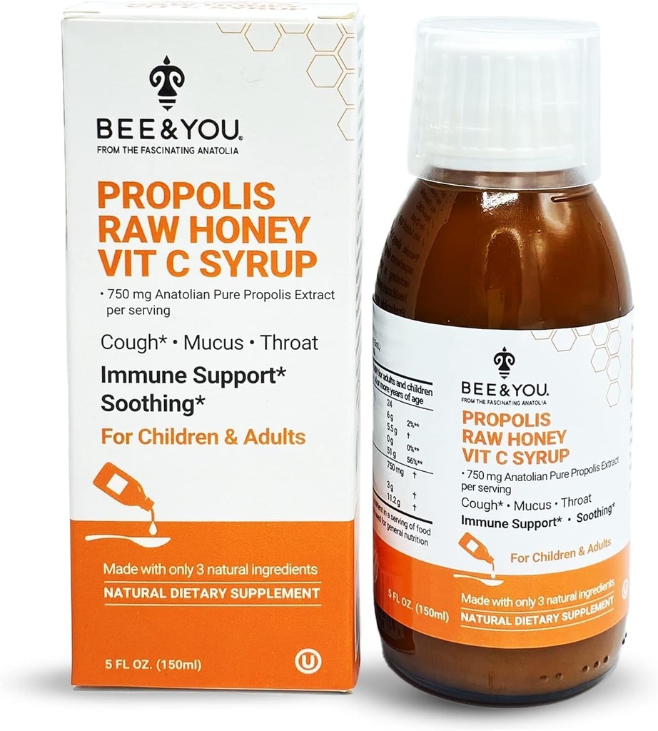 BEE and You Propolis Extract Cough Syrup w / Witamina C, Miód kojący, Naturalne wsparcie immunologiczne, Ból gardła ulga, Przeciwutleniacze, dla dzieci i dorosłych, 5 Fl Oz, dla mężczyzn i kobiet
