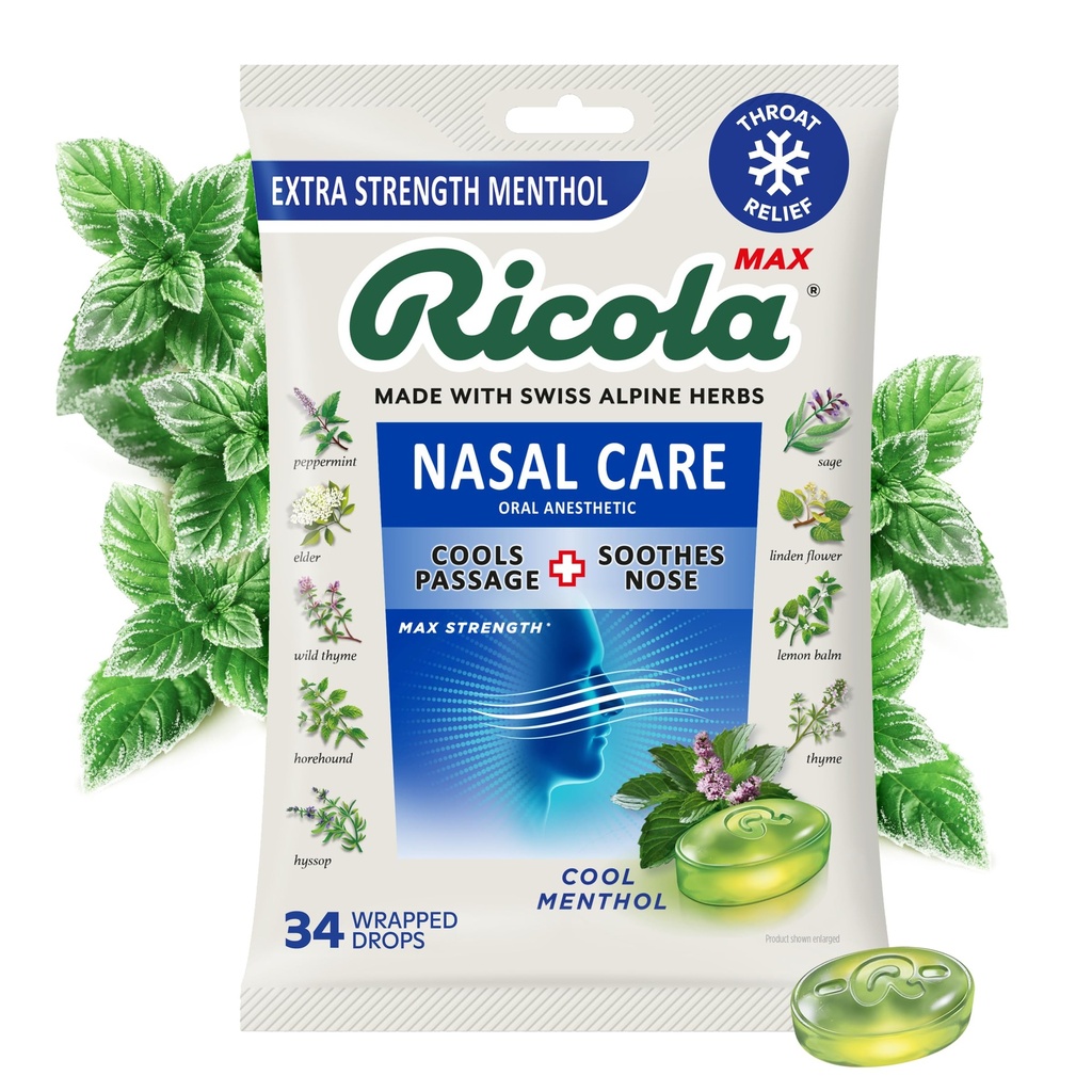 Ricola Max Cool Menthol Nasal Care Duży worek 124; Koktajl Supressant Drops 124; Dual Action Liquid Center Ośrodek 124; Soothing Long- Lasting Relief - 34 Count (Pack of 1)