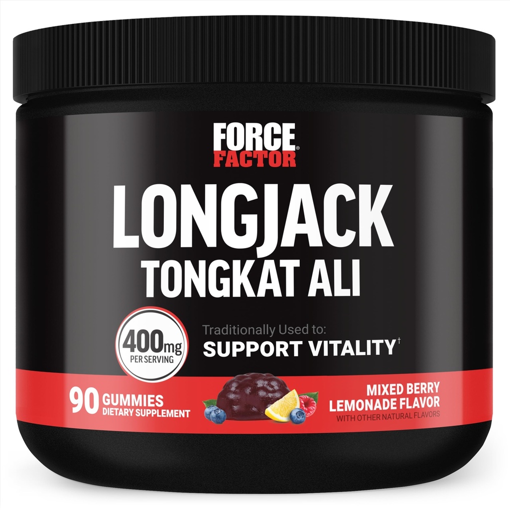 Force Factor Longjack Tongkat Ali Gummies, Tongkat Ali for Men to Support Mężczyzna Vitality and Drive, 400mg Tongkat Ali with BioPerine, Mixed Berry Lemonade, 90 Gummies