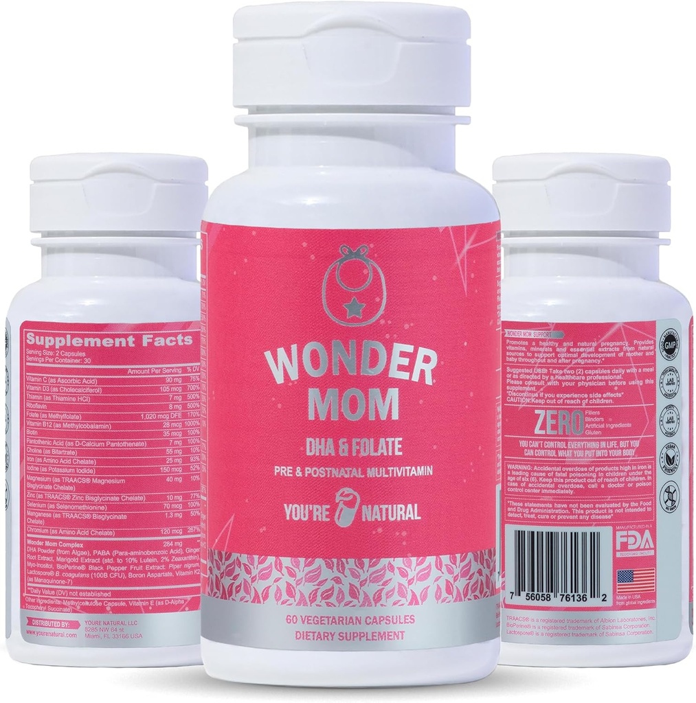 Premium Witaminy prenatalne i poporodowe: Folate, DHA, Cholina, Żelazo, B12, Multiwitamina i Probiotyki, Wspiera rozwój mózgu płodu, Ciąża i Poppartum Zdrowie, Wegan, Non-GMO, Gluten- Free, 30 Dni