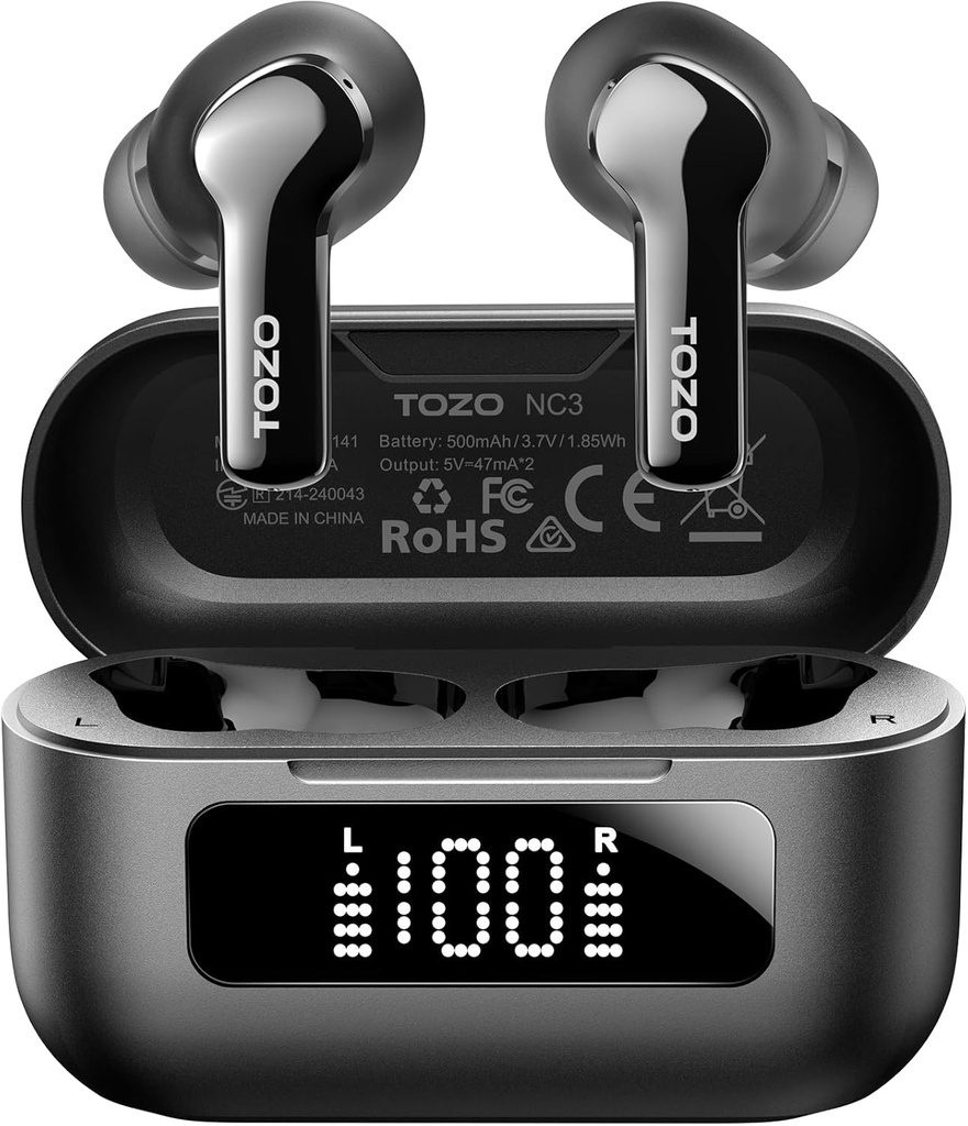 TOZO NC3 Hybrid Aktywny hałas Anulowanie bezprzewodowych słuchawek z 6 Mics AI jasne słuchawki 55H Playtime z diodowym wyświetlaczem 32 Preset EQs poprzez APP Bluetooth 5.3 IPX8 Wodoszczelność w słuchawkach słuchowych