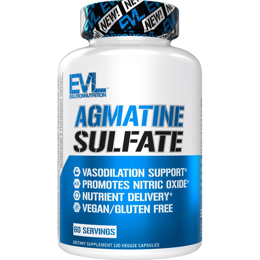 Evlution Nutrition Agmatine Siarczan Tlenek azotu Kapsułki - Wysoka wytrzymałość Agmatine Siarczan Tlenek azotu Suplement do pomp o wysokiej intensywności Mięśnie Odzysk wzrostu i wydajność - 60 Służenia