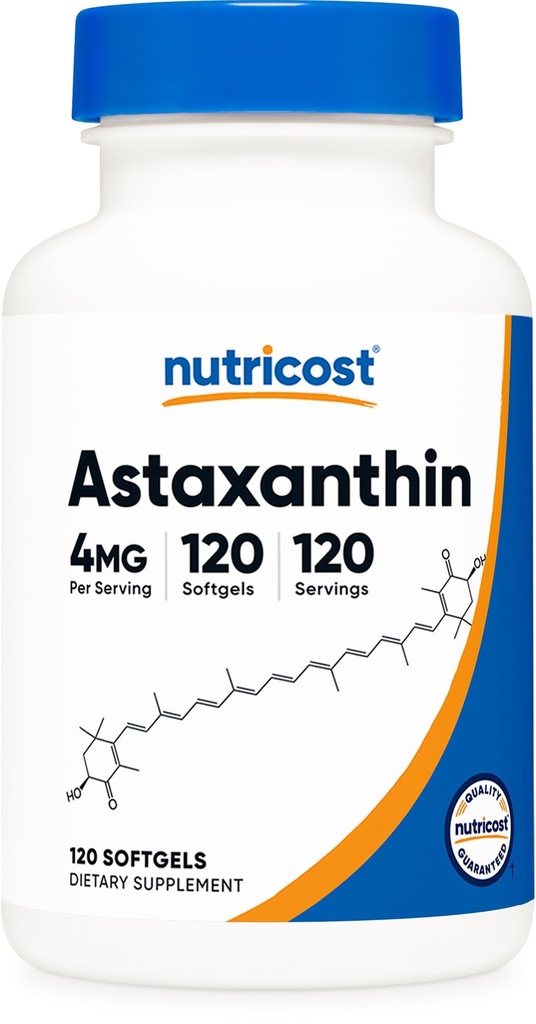 Nutricost Astaksantyna 4 mg, Gluten Free i Non-GMO, 120 Softgels (4 miesięczne dostawy)