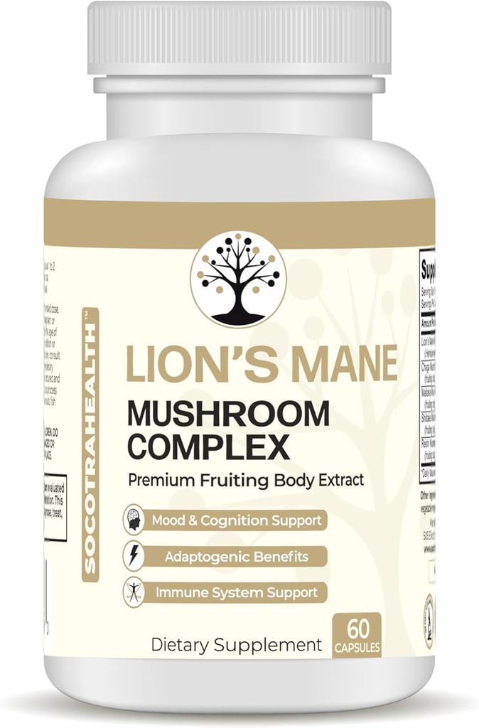 Lions Mane Mushroom Supplement - Premium Fruiting Body Extract - z Chaga, Maitake, Shiitake, Reishi - Mood, Mózg i wsparcie immunologiczne, Adaptogen - Non-GMO - 60 Kapsułki wegańskie