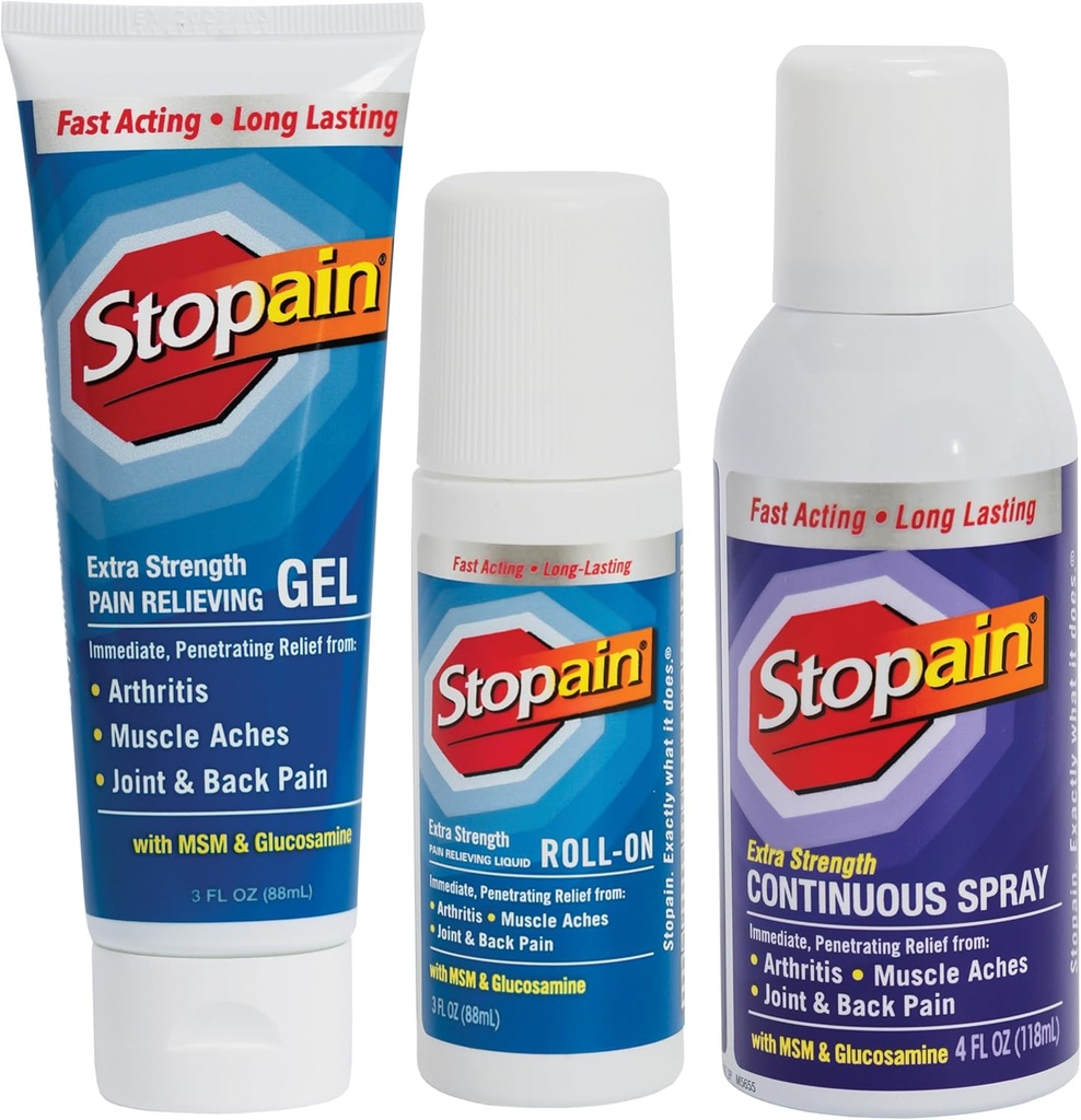 Stopain Pain Relief Combo Set (żel, Roll On, Spray) USA Made, Max Siła Szybkie działanie z MSM, Glukozamina, Menthol dla Dolnego Backa, Kolano, Neck HSA Produkty analgezyczne tematyczne