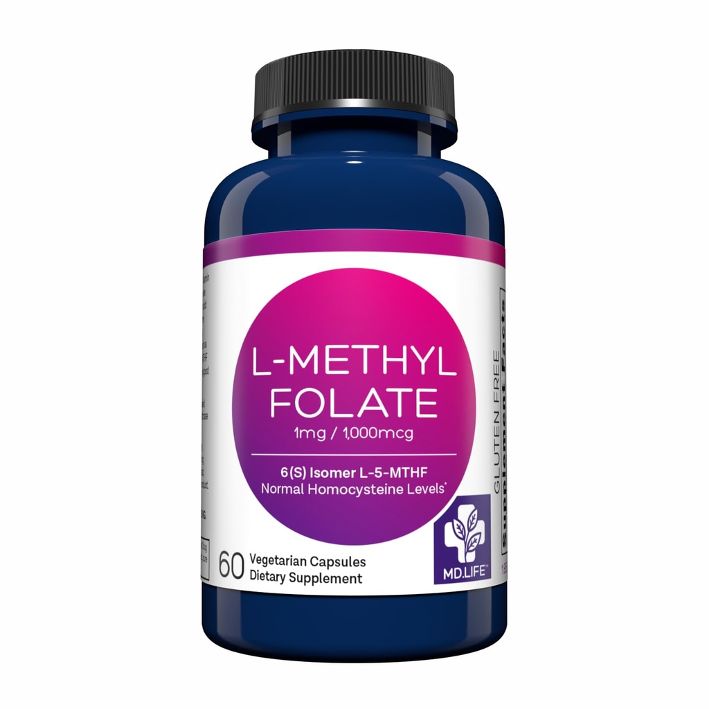 MD Life L Methylfolate 1 mg - Active Methylfolate Supplement - Maximum potency MTHFR Suplementy - L metylofolat 1 mg 60 kapsułki - podstawowe aminokwasy