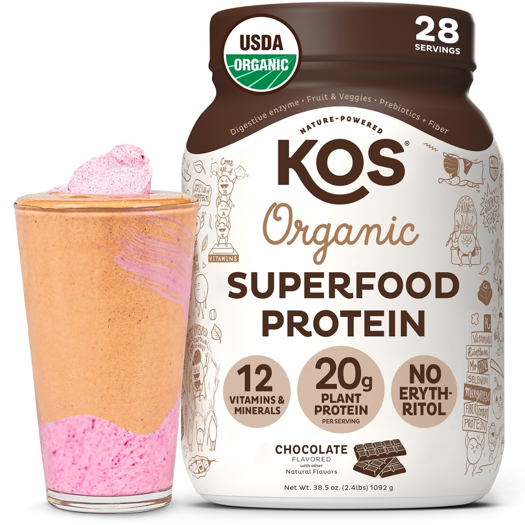 KOS Wegański proszek białkowy Erythritol Free, Czekolada - Organiczny mieszanka białka grochu, Superfood na bazie roślin bogaty w witaminy i minerały - Keto, Wolny od mleka - Meal Replacement for Women & Men, 28 Służenie