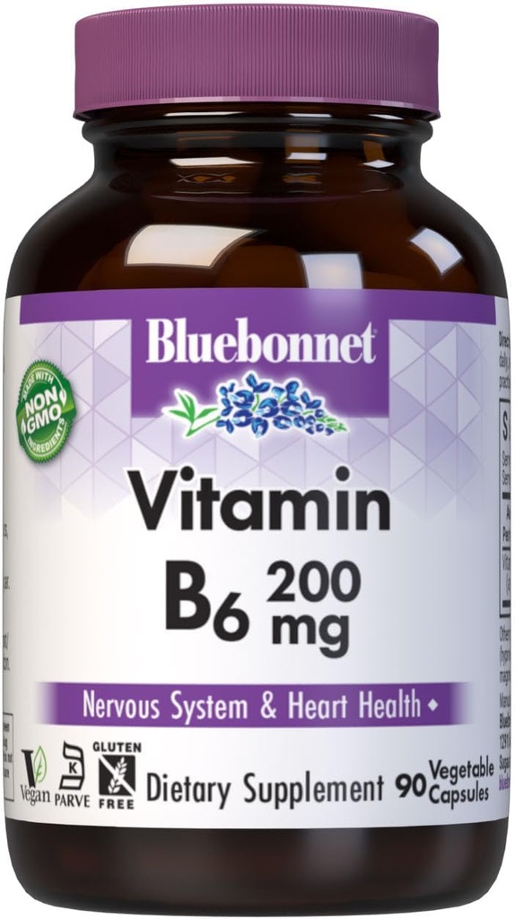Bluebonnet Nutrition Witamina B6 Kapsułki roślinne, 200 mg, Dla zdrowia układu sercowo- naczyniowego i nerwowego, Soy Free, Gluten Free, Kosher, Dairy Free, Wegan, Non-GMO, 90 Kapsułki roślinne, 90 Służenie