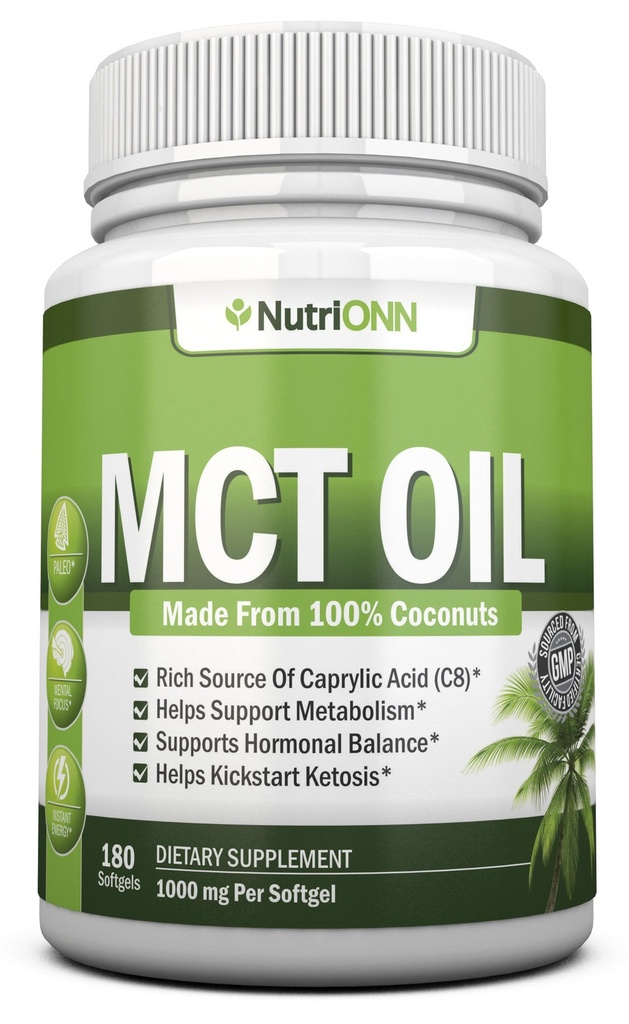 MCT Oil - 3000mg Per Serving - 180 Softgels - Made from 100% Organic Coconuts - Non GMO, Cold Pressed, Paleo Friendly kapsułki - Doskonałe dla Focus & Gut Health