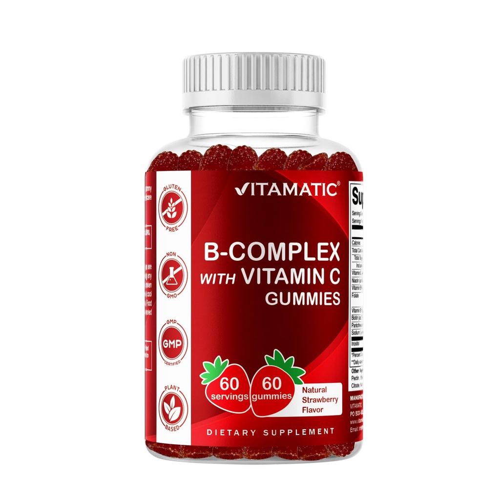 Witamina Witamina B Kompleks Gummie z Witaminą C & Inozytol - Naturalny aromat truskawkowy - 60 Gummies (1 butelka)
