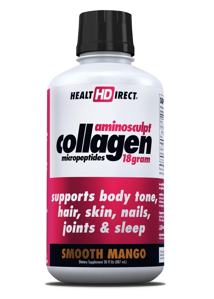 ZDROWIE BEZPOŚREDNIE AminoSculpt Sugar-Free Colagen Supplement - Wysokiej mocy Medical- Grade Protein for Hair, Skin, Nails & Joints, Grass- Fed, Non-GMO, Liquid Collagen - Smooth Mango - 30 Fl Oz