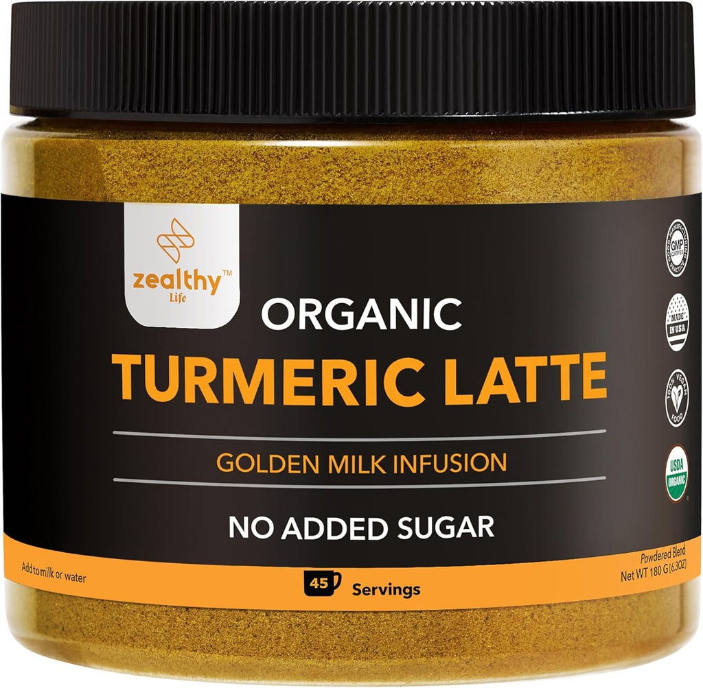 Organic Turmeric Latte Powder - USDA Certified, No Added Sugar Turmeric Supplement z Ceylon Cynamon, Zjadalne życie, 45 Służenie