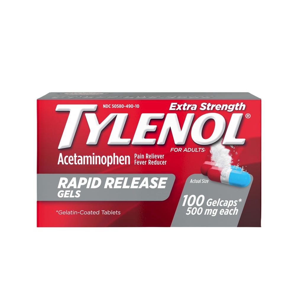 Tylenol Acetaminofen Acetaminofen żele szybkiego uwalniania, Reliever Pain & Fever Reducer, Gelcaps z Laser- Wiercone dziurki do szybkiego uwalniania, Delikatny na stomach, 500 mg Per Gelcap, 100 Count OTC Medycyna