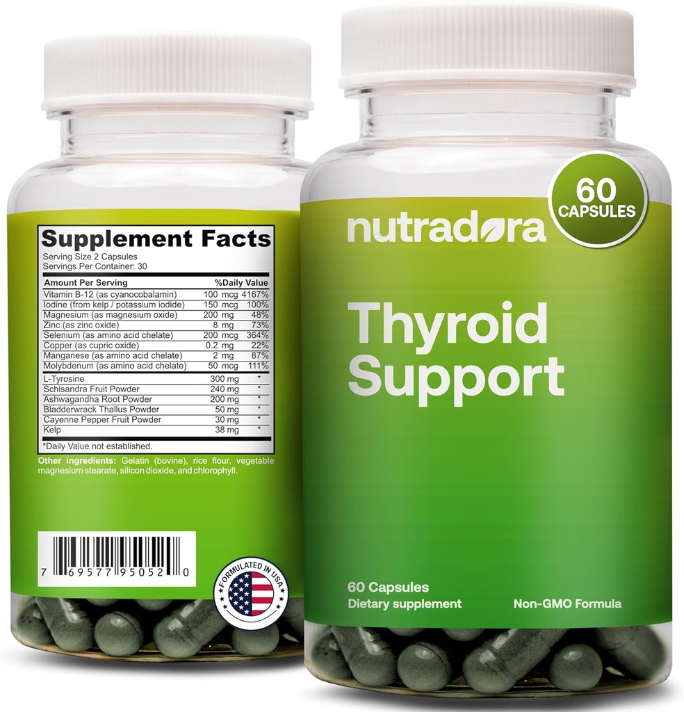 Wsparcie dla tarczycy dla kobiet i mężczyzn - Suplement tarczycy z jodu, witaminy B12, Ashwagandha, Selenium i Cynk Suplementy, GMP Certified, Formularz w USA, 60 Kapsułki (Opakowanie po 1)