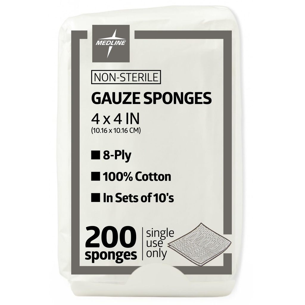 Medline 4 x 4 Gąbki z gazociągu Inch, Non-Steryle 8- Ply THAT Gauze, 100% Bawełna, Idealny do opatrunku rany, Pielęgnacja rany, ogólne zastosowanie pierwszej pomocy, Opakowanie 200