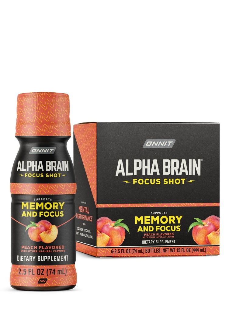 ONNIT Alpha Brain Focus Shot, Peach Flavor, Nootropowy Suplement Dietetyczny Drink, który wspiera energię, Focus i nastroje, IGEN ™ Non-GMO Tested, 2.5 fl oz, 6 Count