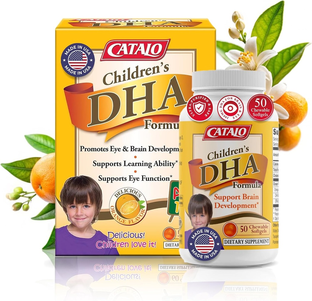 CATALO Suplementy dla dzieci DHA Formuła Fish Oil, Chewable Softgels, 200mg DHA per Serving, Omega-3, Natural Orange Flavor dla dzieci, dla mózgu Function & Eye Development, Easy to Take, 50 Softgels