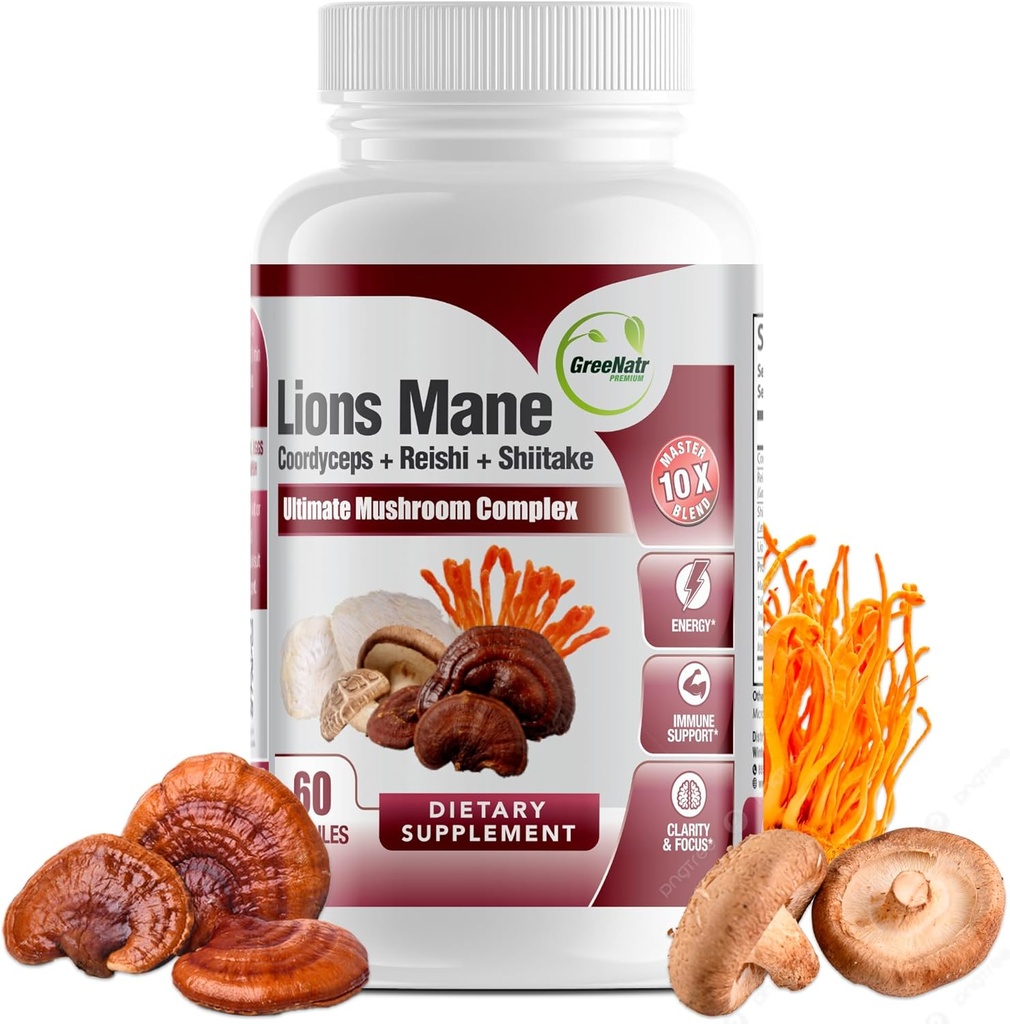 GreeNatr Complete Mushroom Supplement -10 in 1 Complex with Lions Mane, Cordyceps, Shiitake, Chaga, Turkey Tail for Immune Support, Memory, Focus & Natural Energy Booster - 60 Capsules (1 Bottle)