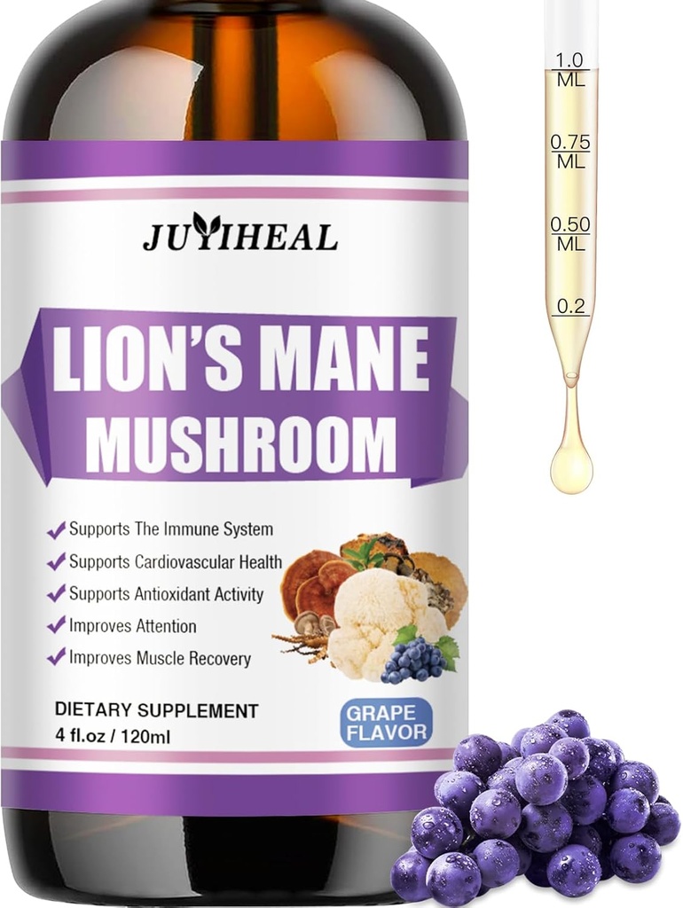 Lions Mane Liquid - Wsparcie mózgu, Energia, Pamięć i Focus - Sugar & Alcohol-Free Lions Mane Supplement - 4 Fl OZ, 4 Miesiąc dostaw, Flavor winogronowy
