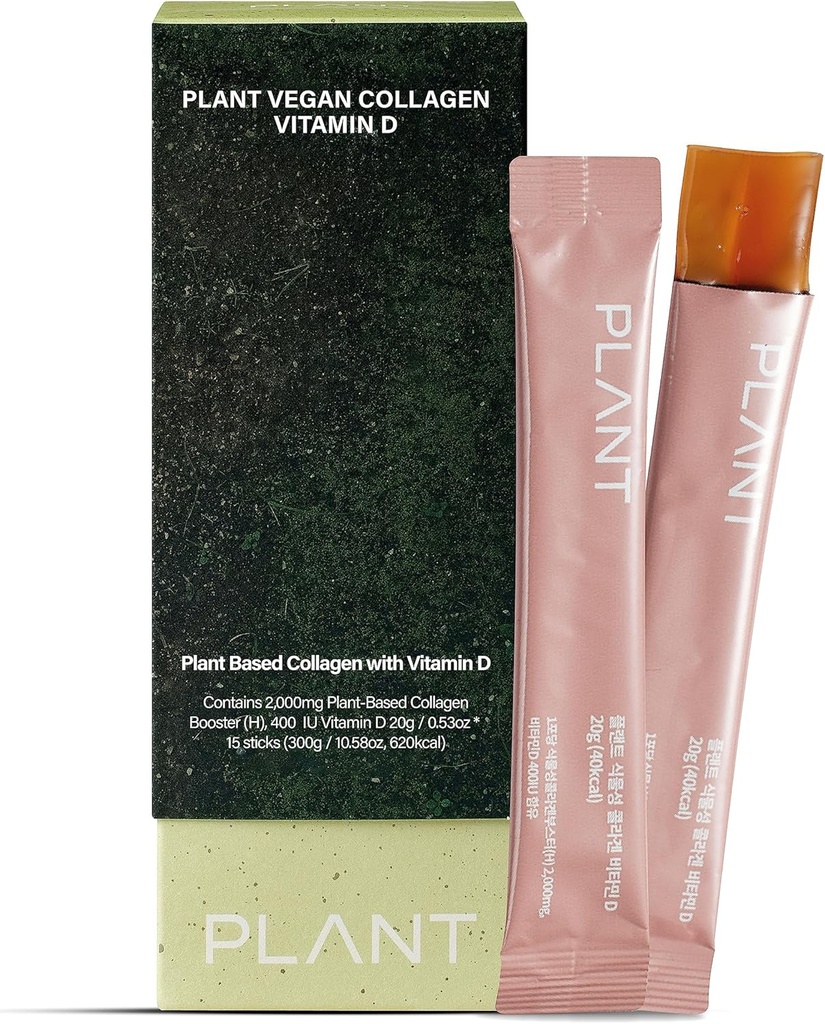 Wegański Kolagen z Witaminą D3 (15 Sticks) - Kolagen na bazie plantacji Suplement galaretki, Kolagen niskocząsteczkowy Peptydy, Koreański Skincare. Citrus Yuzu Flavor.